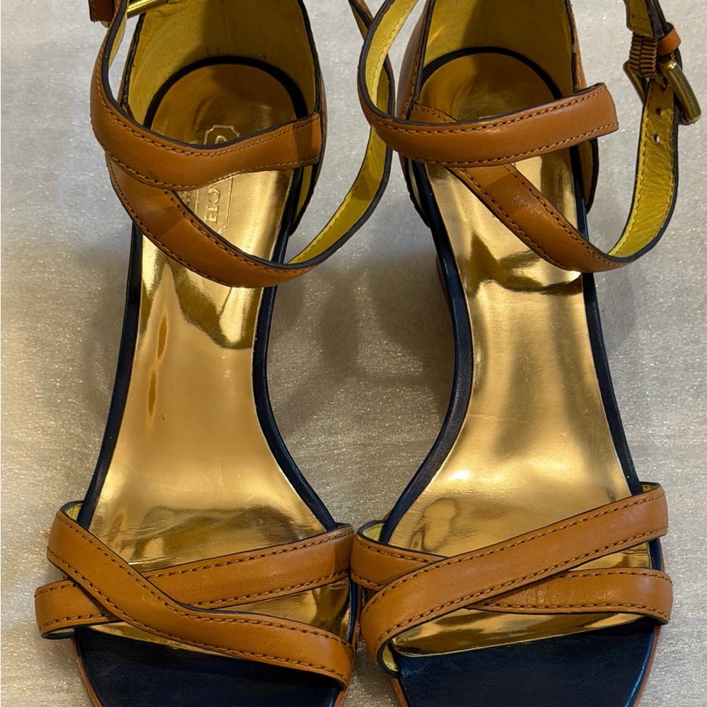 Coach CORETTA VEGAN Leather Wedge Heels in ginTan and Gold Strappy Heels in Ging - Picture 2 of 13